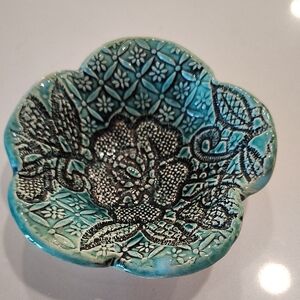 Handcrafted Turquoise Floral Ceramic Dish